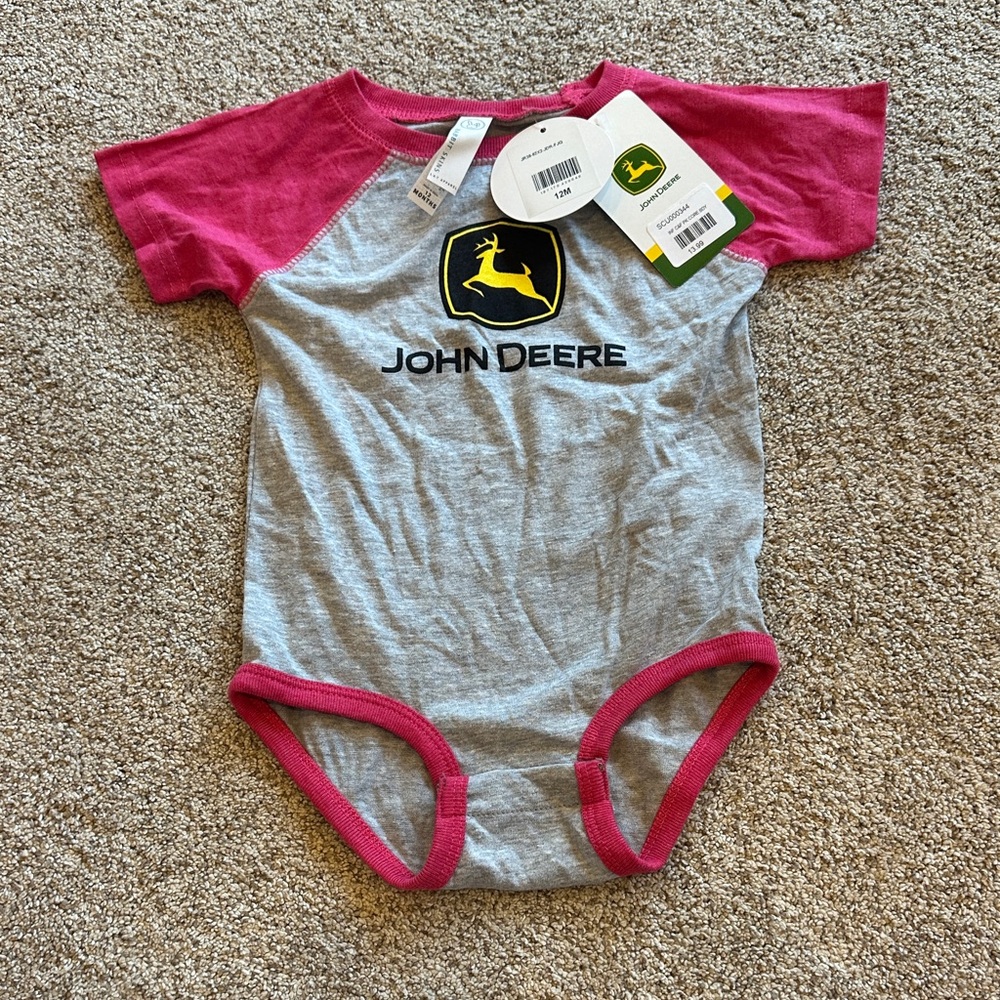 NWT John Deere Gray One-Piece with Pink Trim Onsie